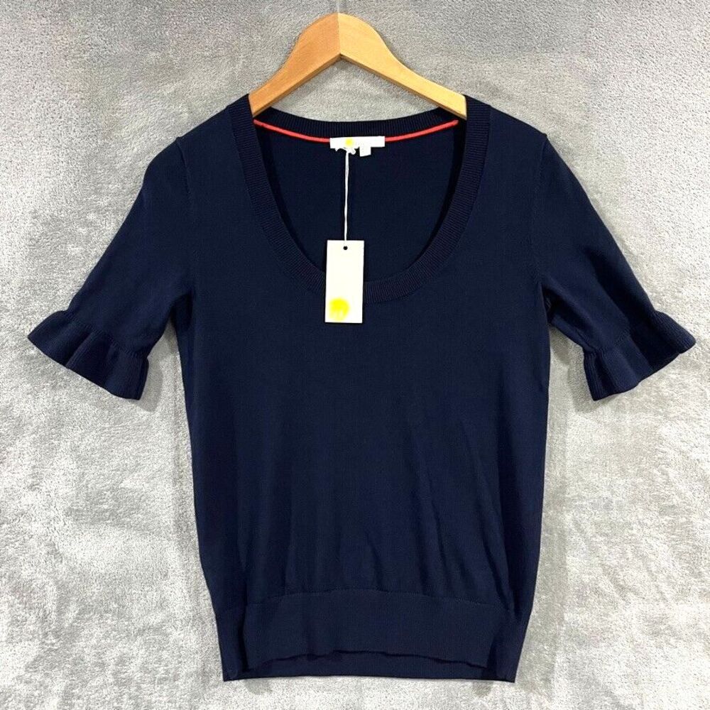 Boden Wool Cotton Sweater T-shirt Knit Ruffled Short Frill Sleeves Size 2 Navy